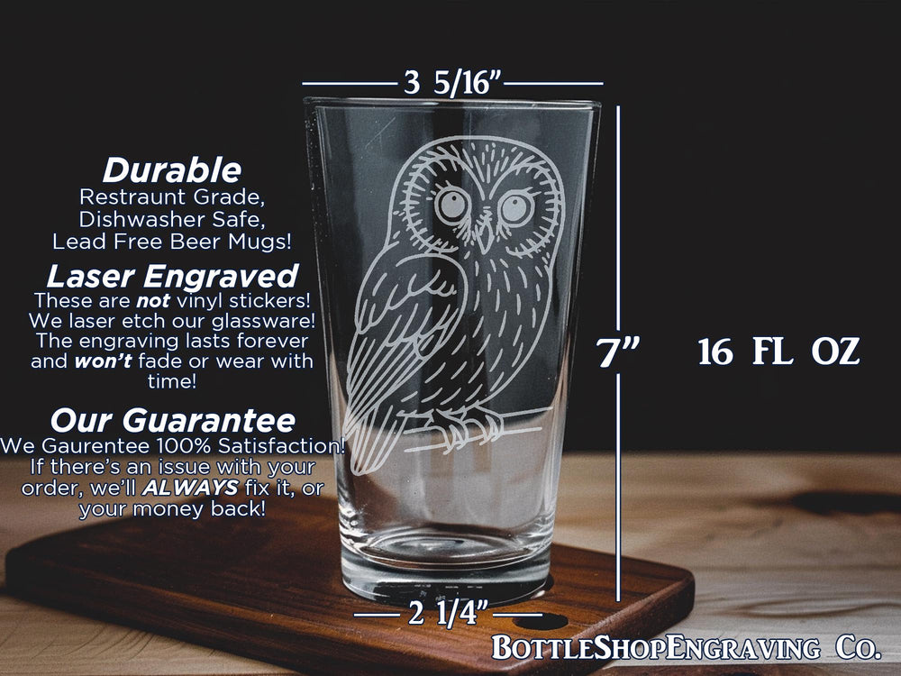 Northern Saw-whet Owl Pint Glass – Cute Woodland Owl Design, Bird Lover Gift, Forest Wildlife Pint Glass, Nature-Inspired Drinkware