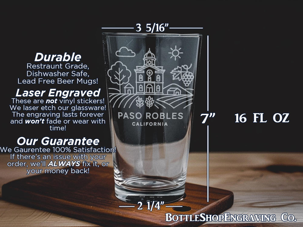 Paso Robles California Pint Glass – Central Coast Wine Country Landmark Souvenir Beer Glass Gift