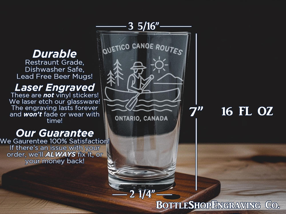 Quetico Canoe Routes Ontario Canada Pint Glass – Wilderness Lake Map Design, Canoeing Gift, Canadian Outdoor Adventure Glassware