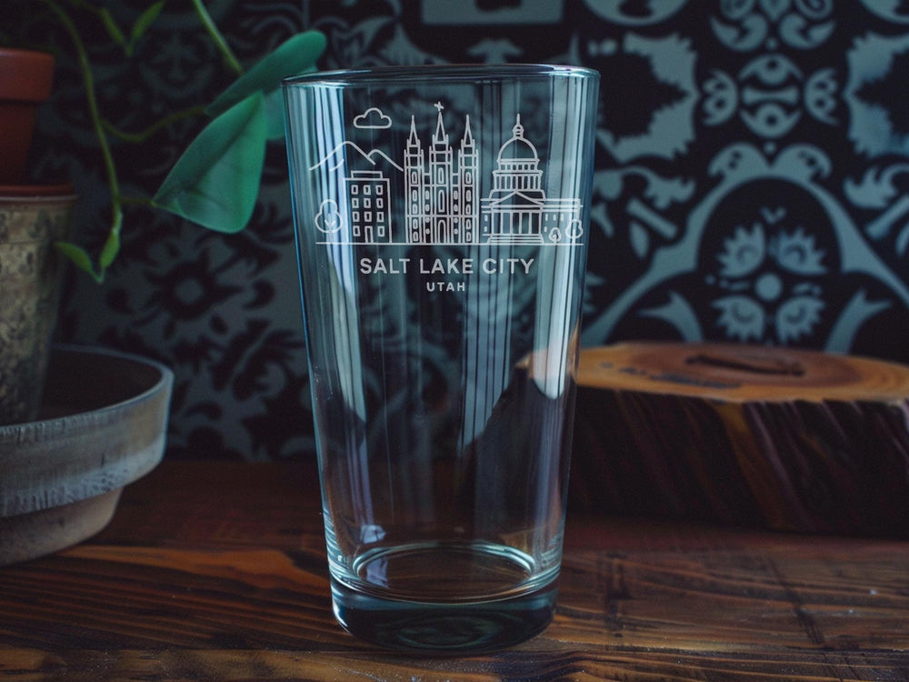 Salt Lake City Utah Pint Glass – Skyline, Mountains, State Landmarks, Great Salt Lake Souvenir Glassware