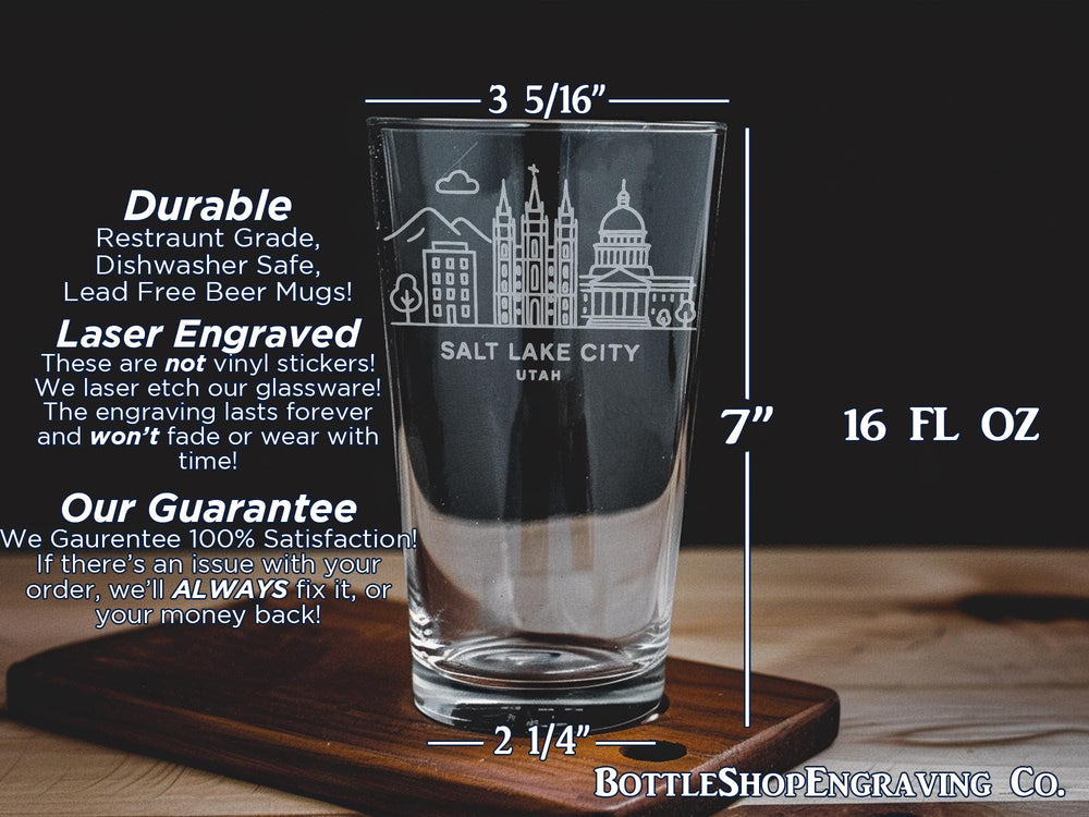 Salt Lake City Utah Pint Glass – Skyline, Mountains, State Landmarks, Great Salt Lake Souvenir Glassware