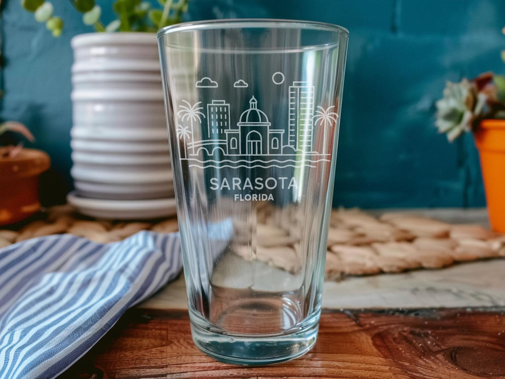 Sarasota Florida Pint Glass Featuring Beach Scene, Palm Trees, Gulf Coast Landmarks & Sunshine State Design