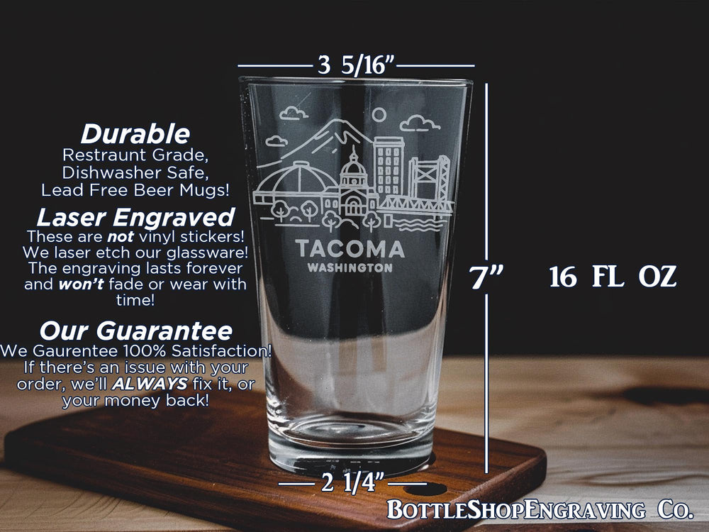 Tacoma Washington Skyline Pint Glass – Pacific Northwest Cityscape Souvenir Beer Glass – Tacoma Landmarks Gift