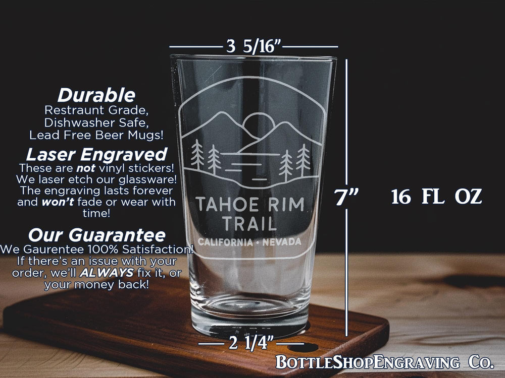 Tahoe Rim Trail California Nevada Pint Glass – Scenic Hiking Trail Souvenir Drinkware Gift