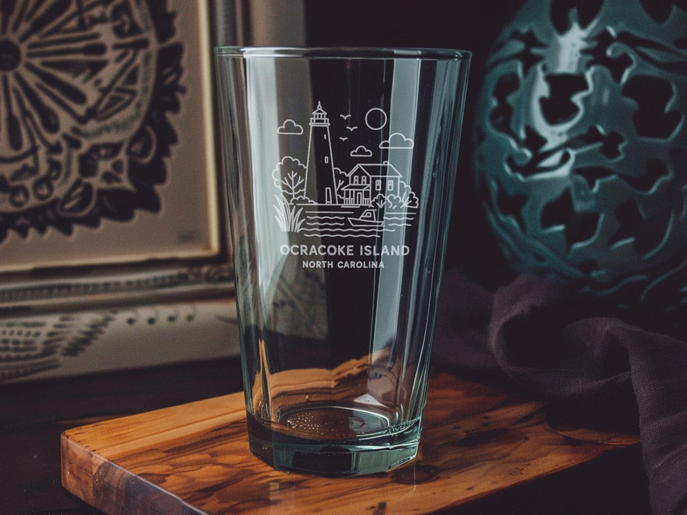 Ocracoke Island NC Pint Glass – Coastal Map Engraved Glassware – Outer Banks Souvenir