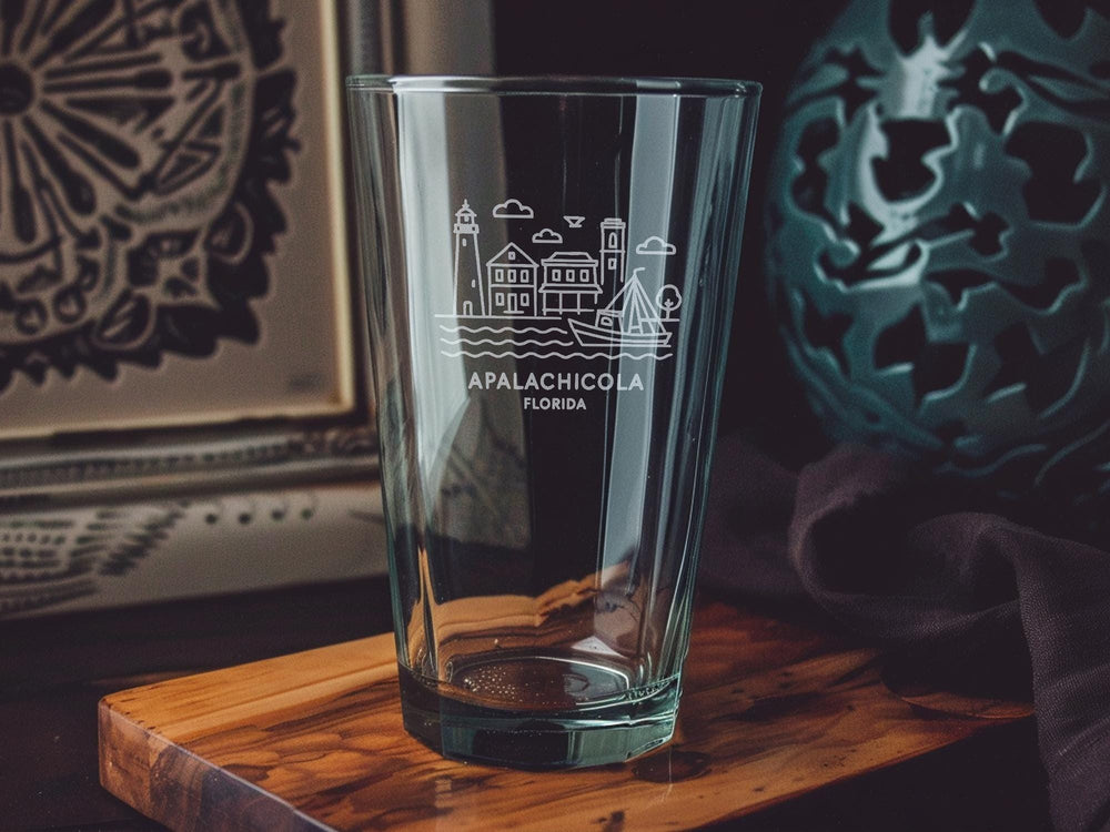 Apalachicola Florida Pint Glass, Coastal Town Design, Oyster Boats, Bay Views