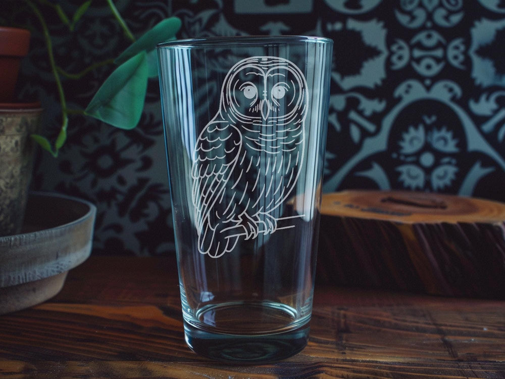 Barred Owl Pint Glass – Wildlife Bird Glassware Featuring Majestic Forest Owl Design – Nature Lover Gift