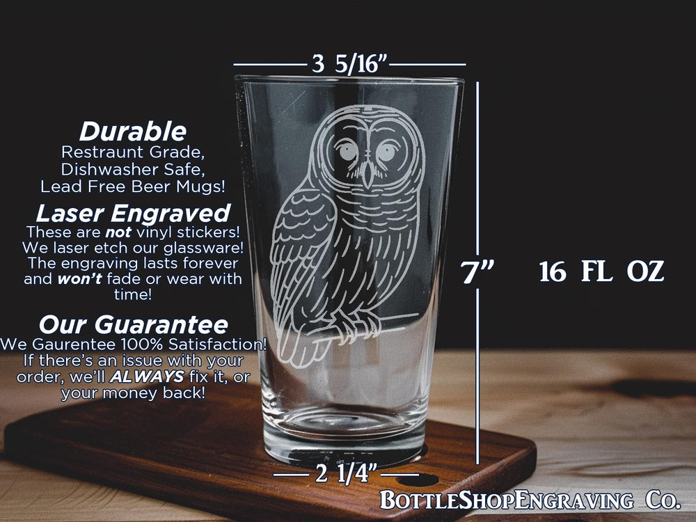 Barred Owl Pint Glass – Wildlife Bird Glassware Featuring Majestic Forest Owl Design – Nature Lover Gift