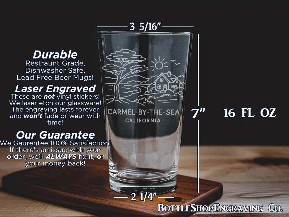 Carmel-by-the-Sea California Pint Glass with Scenic Coastal Town Design and Iconic Landmarks