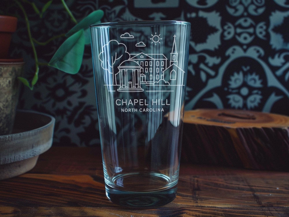 Chapel Hill NC Landmarks Pint Glass – UNC, Franklin Street, Old Well, Tar Heels