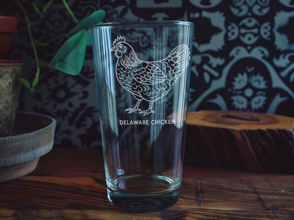 Delaware Chicken Pint Glass – Farm Animal Drinkware, Laser Engraved Hen Design