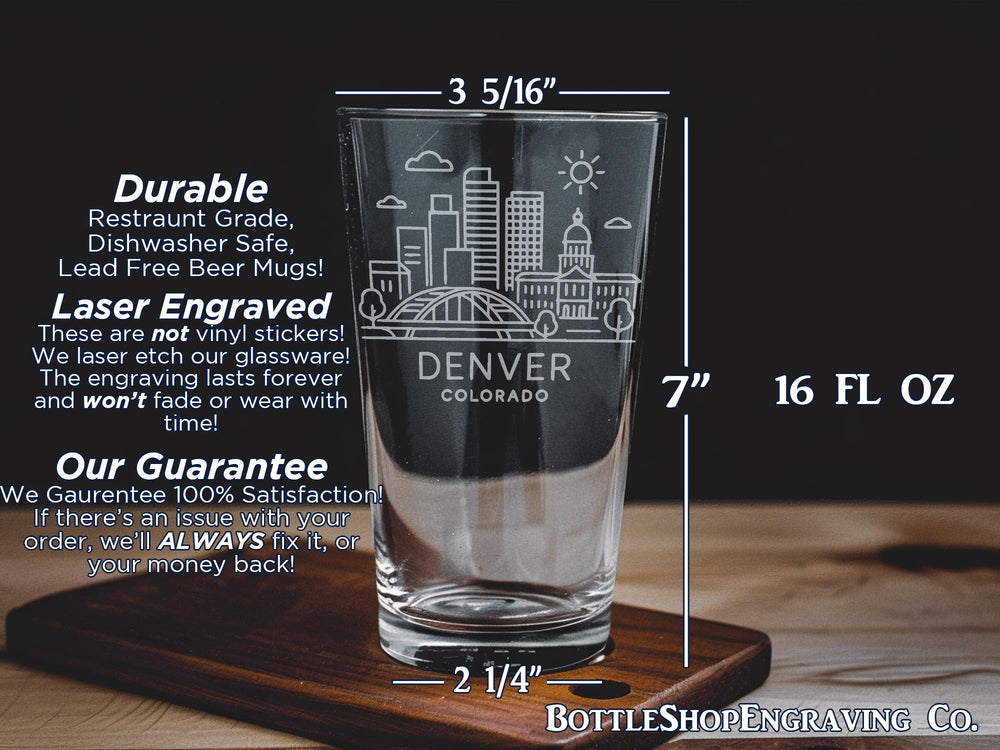 Denver Colorado Pint Glass – Featuring Rocky Mountains, City Skyline, and Iconic Landmarks Design