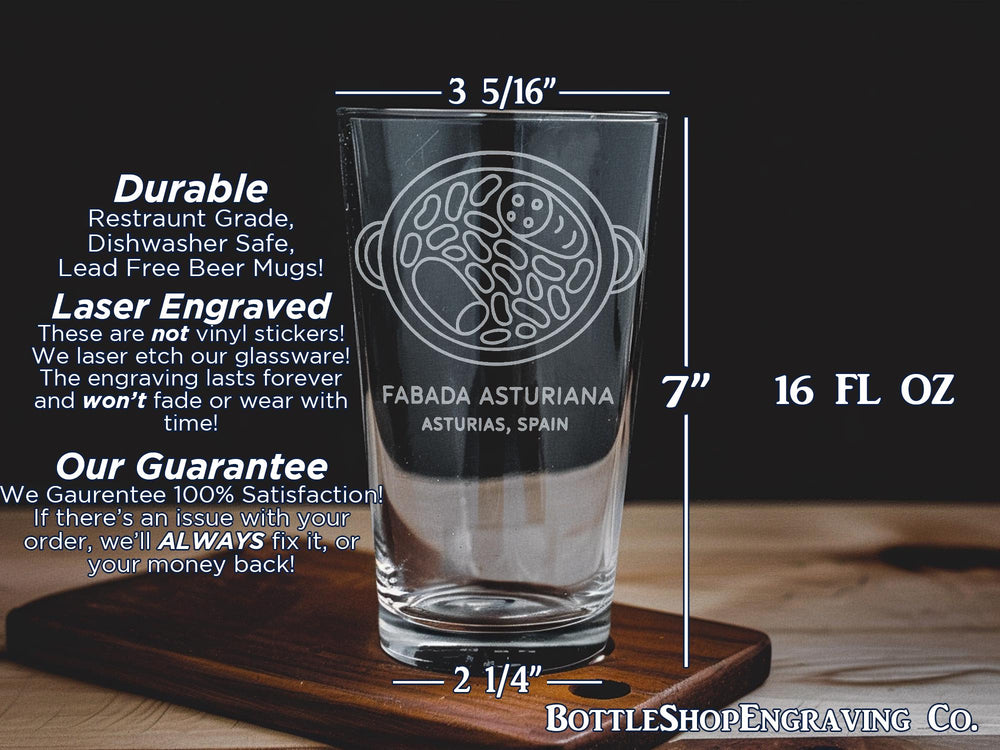 Fabada Asturiana Pint Glass – Traditional Asturias Spain Dish Design – Spanish Cuisine Collector Glassware Gift
