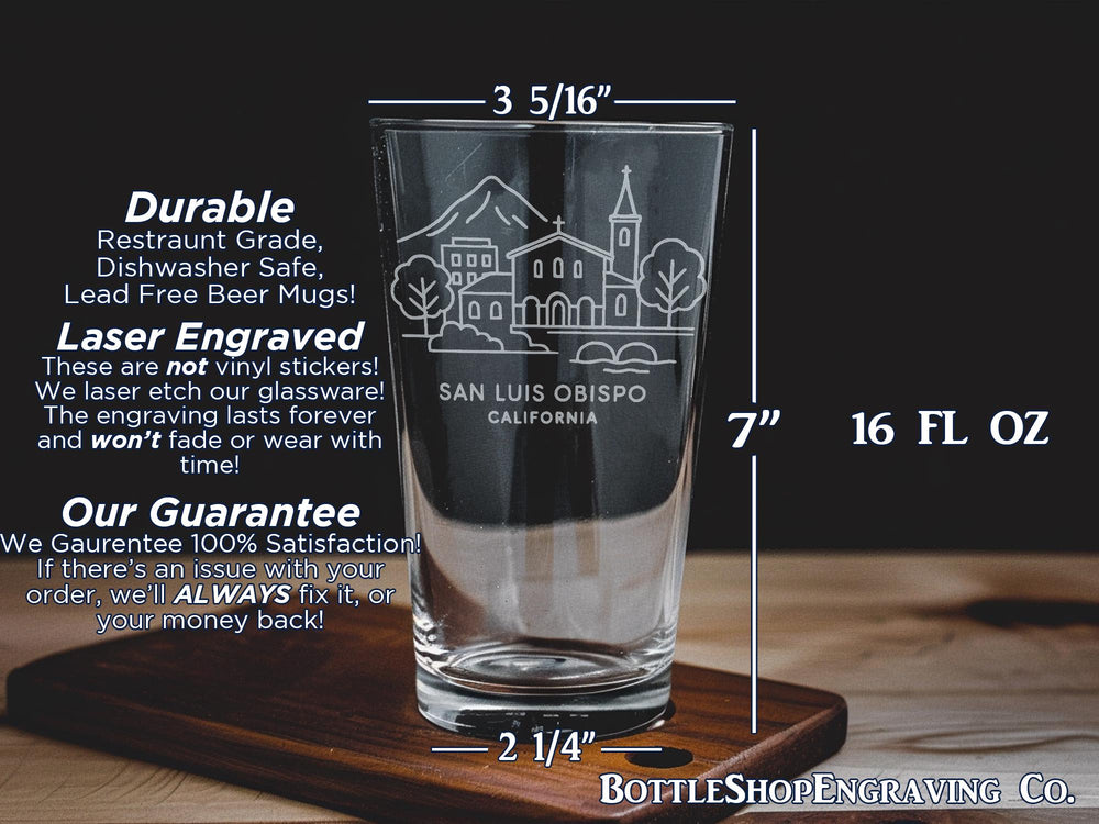 San Luis Obispo California Pint Glass – City Skyline, Mountains, and Iconic Landmarks Engraved Gift