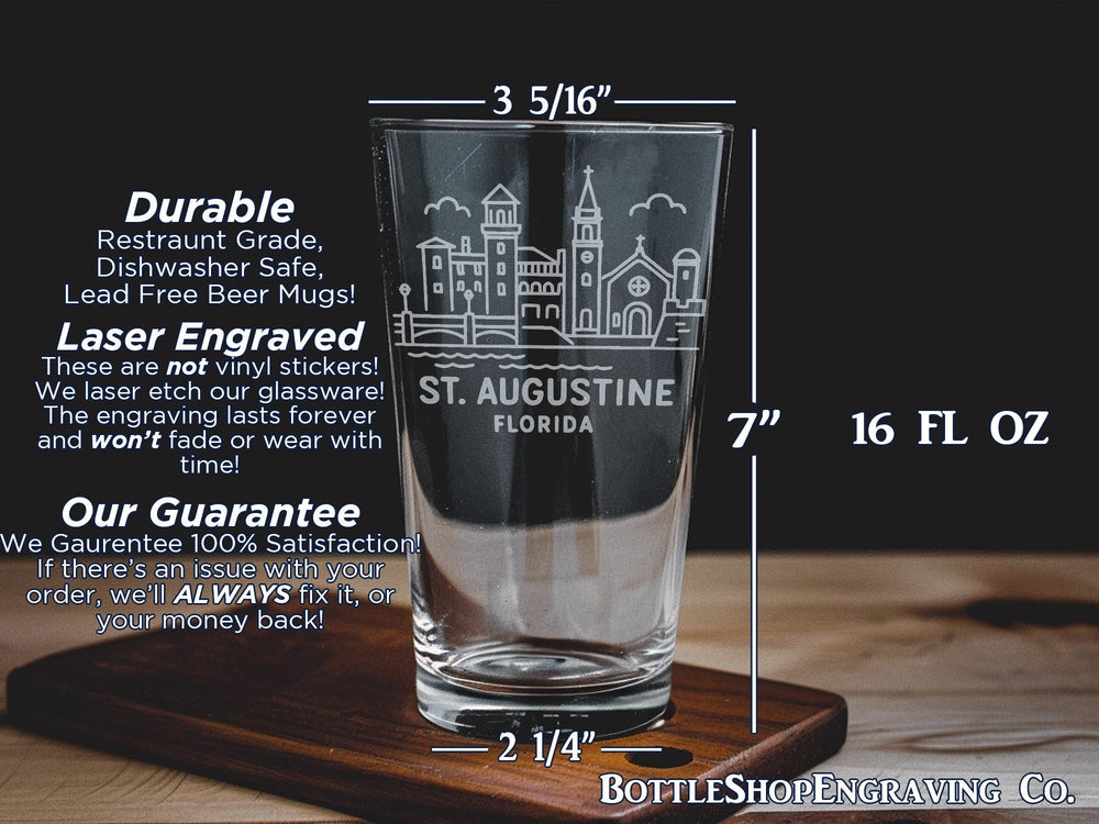 St Augustine Florida Pint Glass – Historic Lighthouse, Coastal Cityscape, Palm Trees, Iconic Landmarks Design