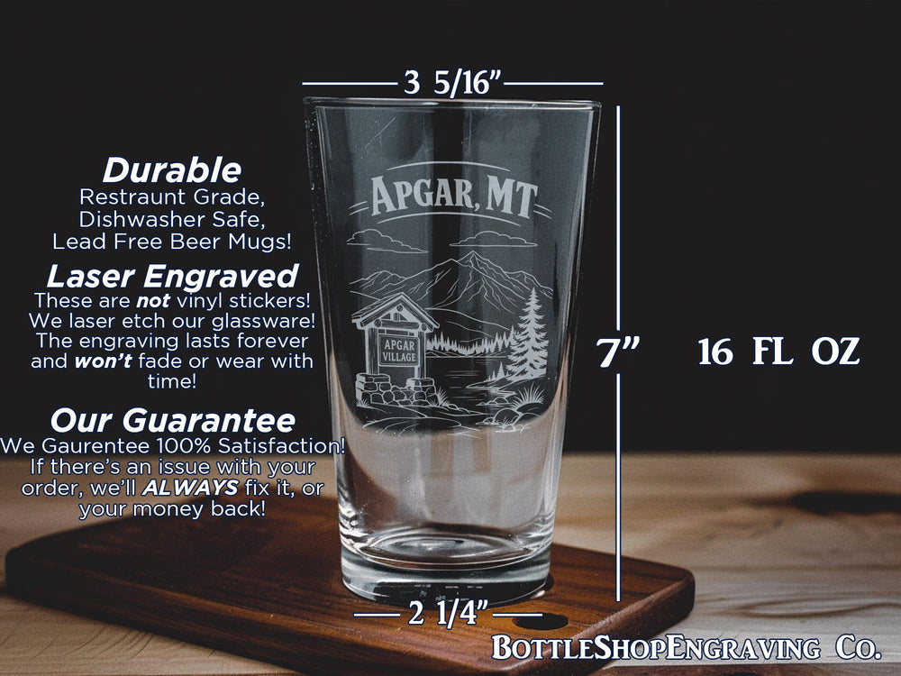 Apgar Montana Pint Glass, Apgar Village MT Souvenir Beer Glass, Glacier National Park Travel Gift Drinkware