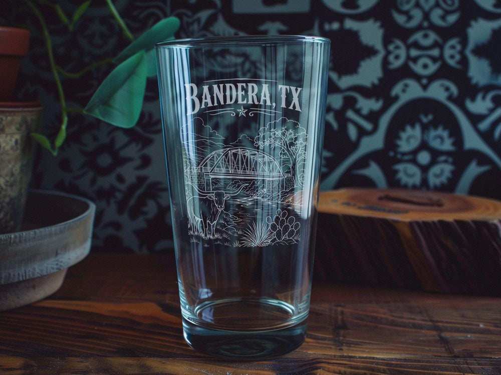 Bandera TX Pint Glass, Bandera Texas Souvenir Drinkware, Hill Country Travel Gift, Western Town Keepsake Glass