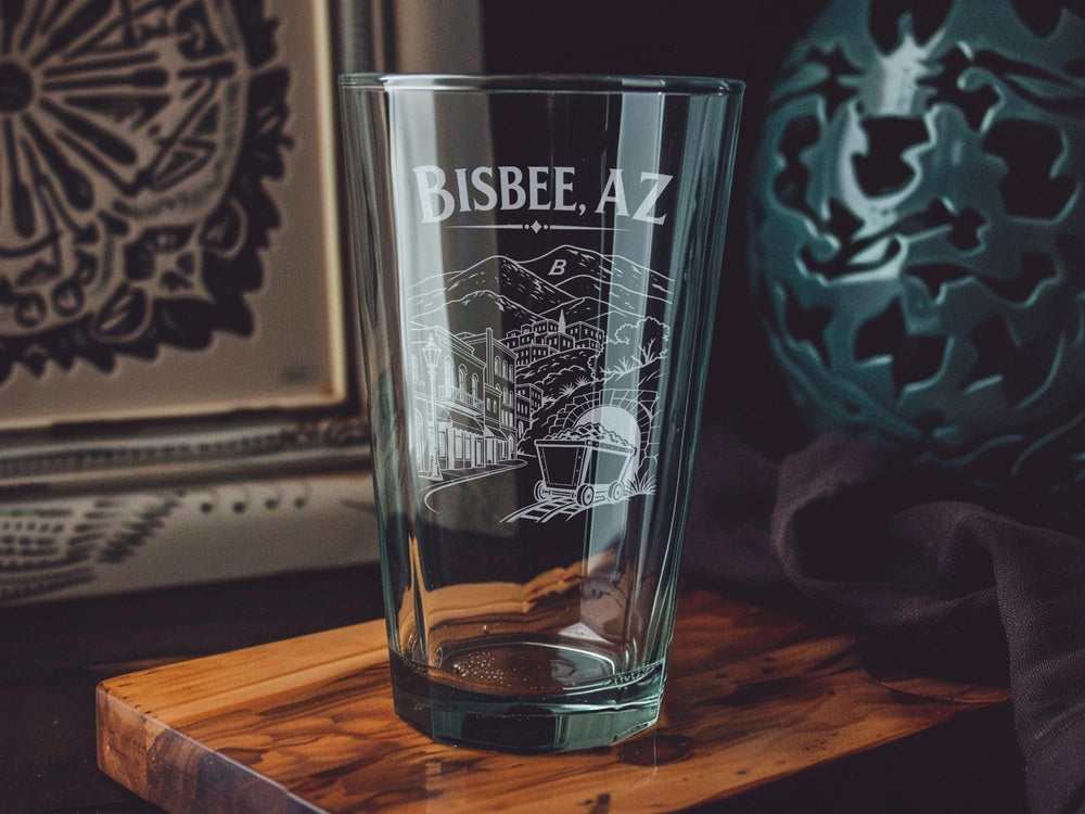 Bisbee AZ Pint Glass, Bisbee Arizona Souvenir Drinkware, Historic Mining Town Gift, Southwest Travel Keepsake Glass