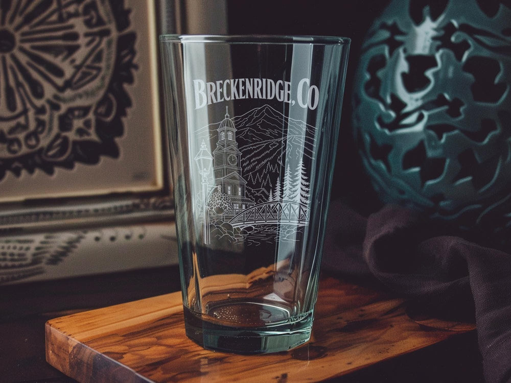 Breckenridge CO Pint Glass, Breckenridge Colorado Souvenir Beer Glass, Mountain Town Travel Gift, Colorado Drinkware