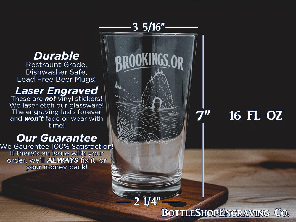 Brookings Oregon Pint Glass, Brookings OR Souvenir Beer Glass, Coastal Oregon Travel Gift, Chetco River & Harbor Theme Drinkware