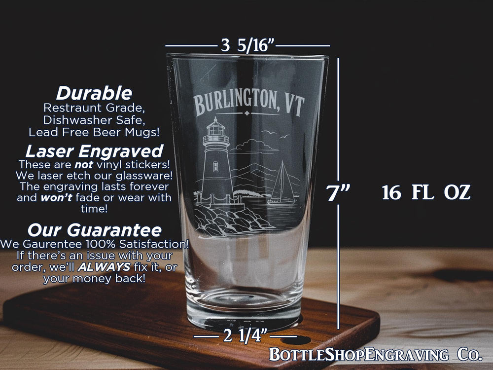 Burlington VT Pint Glass, Burlington Vermont Souvenir Beer Glass, Lake Champlain Gift, Vermont Travel Keepsake Glassware