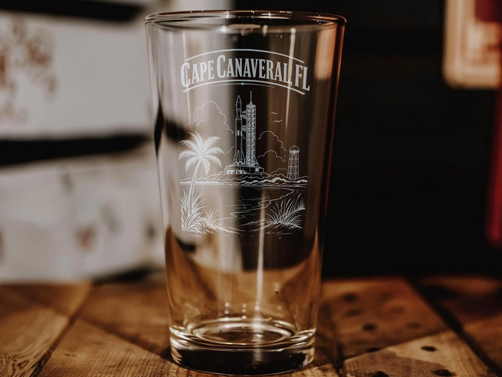 Cape Canaveral FL Pint Glass, Florida Space Coast Souvenir Beer Glass, Rocket Launch Theme Drinkware Gift