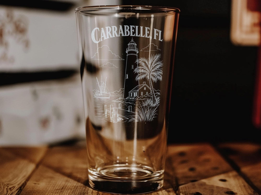 Carrabelle FL Pint Glass, Carrabelle Florida Souvenir Drinking Glass, Gulf Coast Beach Town Gift, Vacation Keepsake Barware