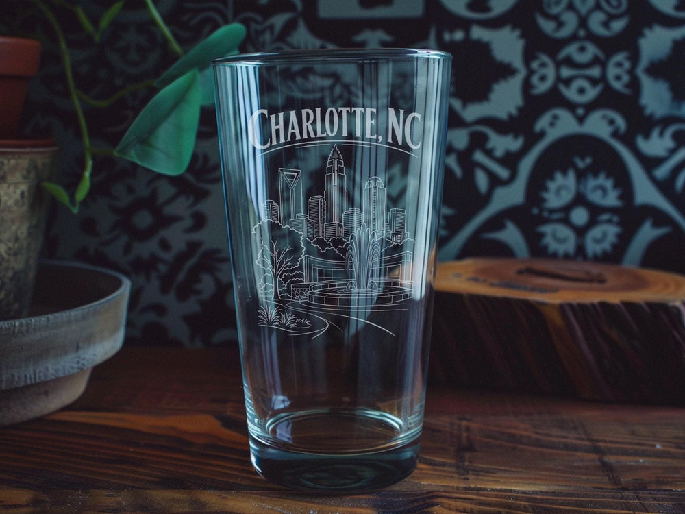Charlotte NC Pint Glass, Charlotte North Carolina Souvenir Glass, Queen City Skyline Drinkware, Charlotte Travel Gift
