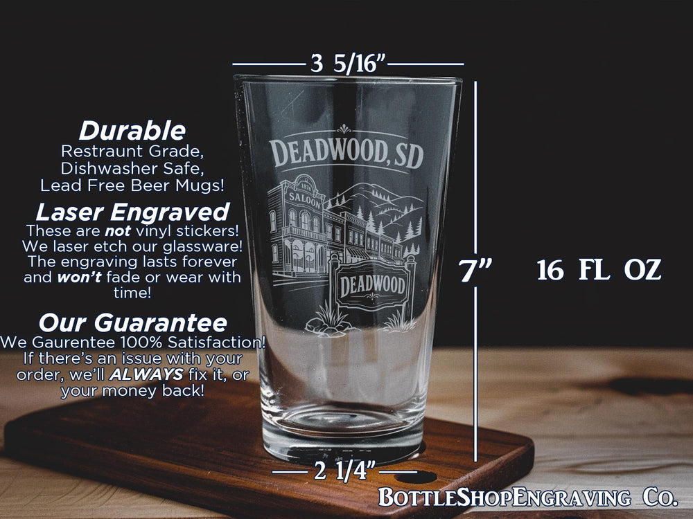 Deadwood SD Pint Glass, Deadwood South Dakota Souvenir Drinking Glass, Black Hills Travel Gift, Western Town Keepsake Glassware