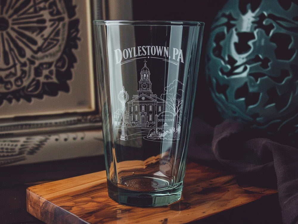 Doylestown PA Pint Glass, Doylestown Pennsylvania Souvenir Beer Glass, Bucks County Gift, Hometown Bar Glassware