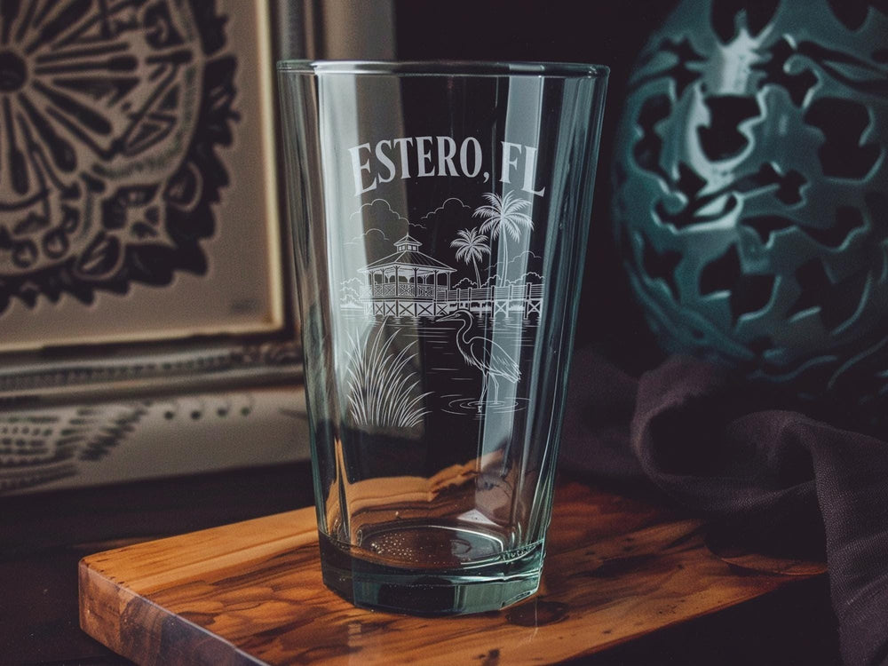 Estero FL Pint Glass, Estero Florida Souvenir Beer Glass, Southwest Florida Gift, Coastal Town Travel Keepsake Glass