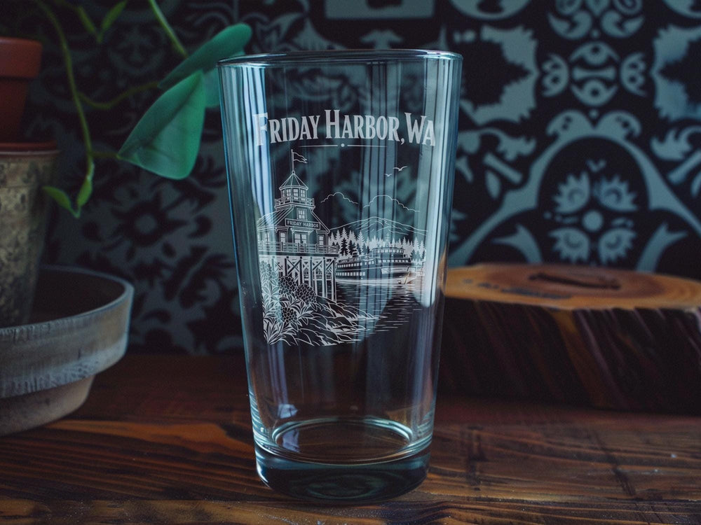 Friday Harbor WA Pint Glass, San Juan Island Washington Souvenir Beer Glass, Coastal Harbor Town Travel Gift