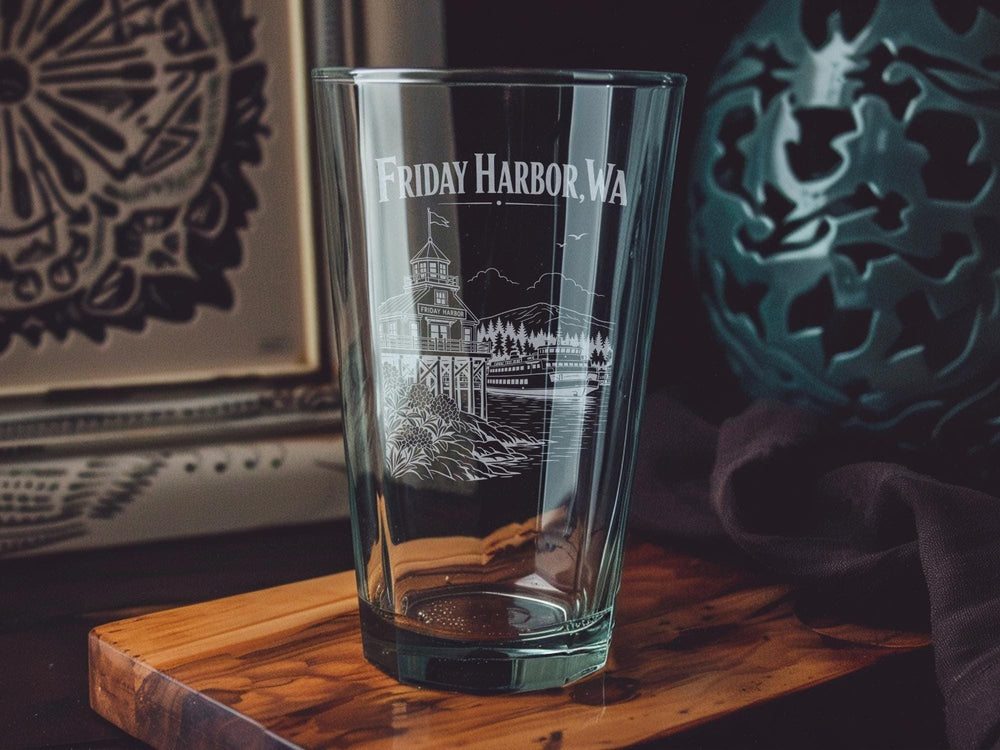 Friday Harbor WA Pint Glass, San Juan Island Washington Souvenir Beer Glass, Coastal Harbor Town Travel Gift