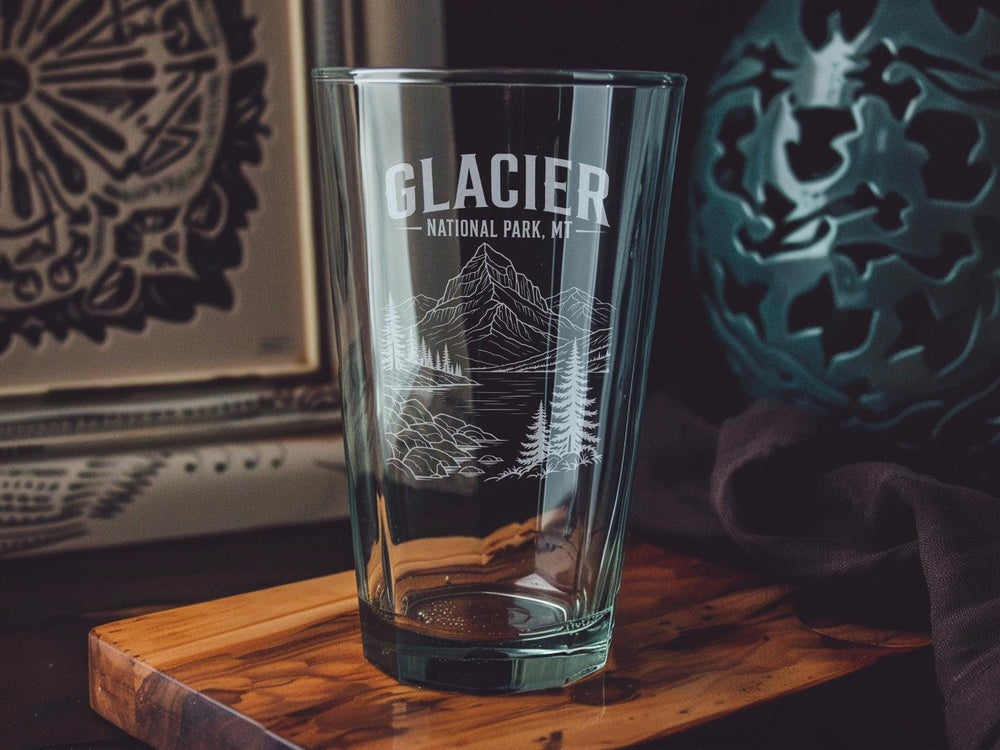 Glacier National Park Montana Pint Glass, MT Mountain Scenic Souvenir Beer Glass, Travel Gift for Park Lovers