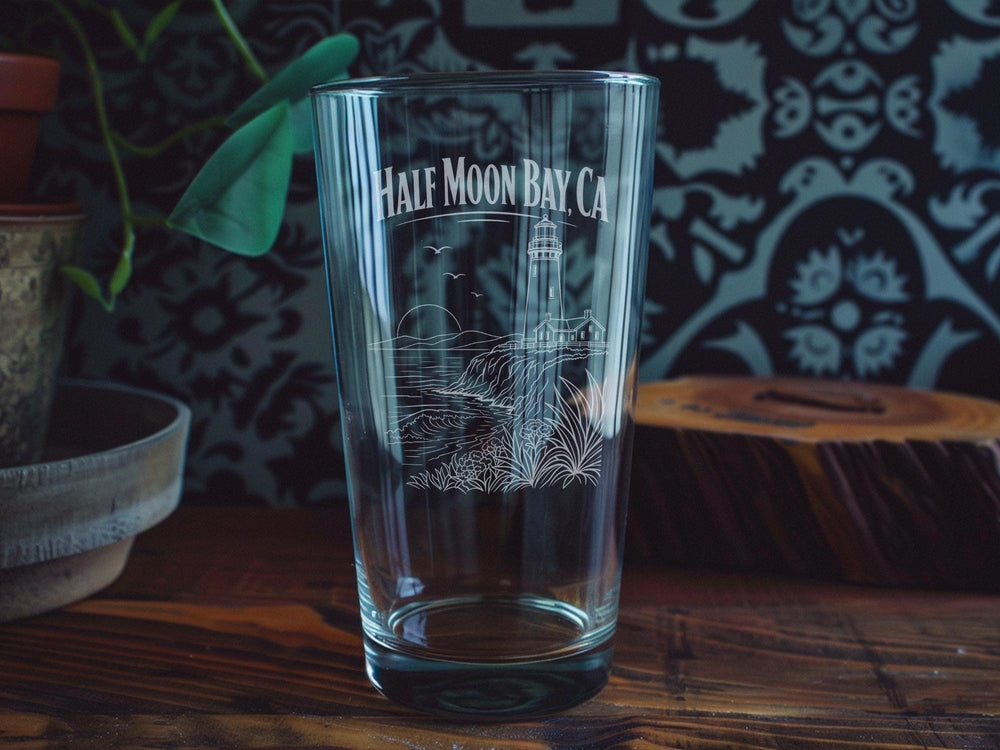 Half Moon Bay CA Pint Glass, California Coastal Souvenir Drinkware, Half Moon Bay Gift, Beach Town Travel Keepsake Glass