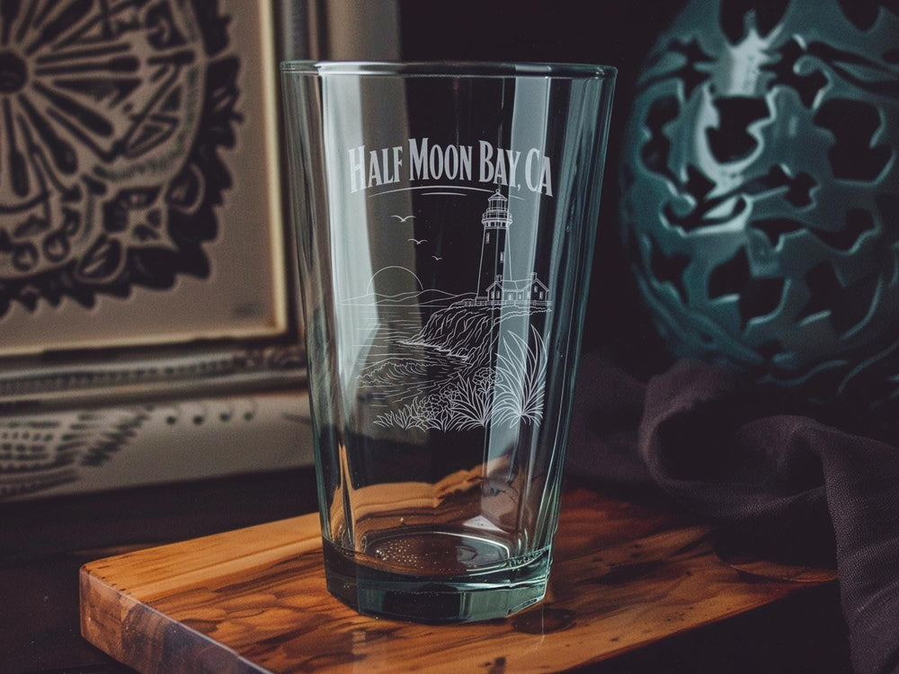 Half Moon Bay CA Pint Glass, California Coastal Souvenir Drinkware, Half Moon Bay Gift, Beach Town Travel Keepsake Glass