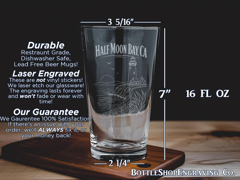 Half Moon Bay CA Pint Glass, California Coastal Souvenir Drinkware, Half Moon Bay Gift, Beach Town Travel Keepsake Glass
