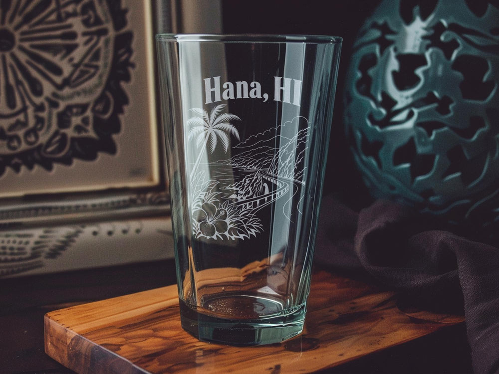Hana Hawaii Pint Glass, Tropical Island Flower Design Drinking Glass, Hawaiian Vacation Souvenir Barware Gift