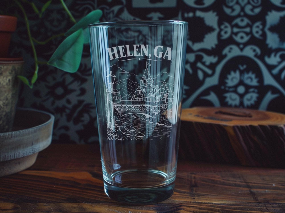 Helen GA Pint Glass, Helen Georgia Souvenir Beer Glass, Alpine Village Travel Gift, Bavarian Town Keepsake Drinkware