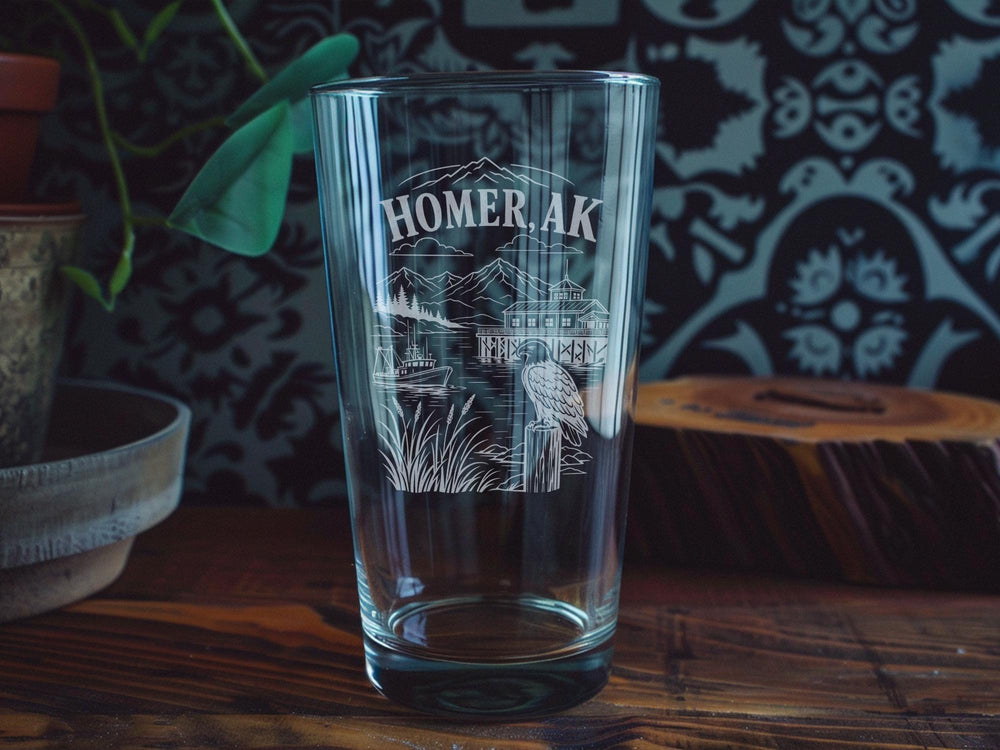 Homer Alaska Pint Glass, Homer AK Souvenir Beer Glass, Kachemak Bay Alaska Travel Gift, Alaska Coastal Town Drinkware