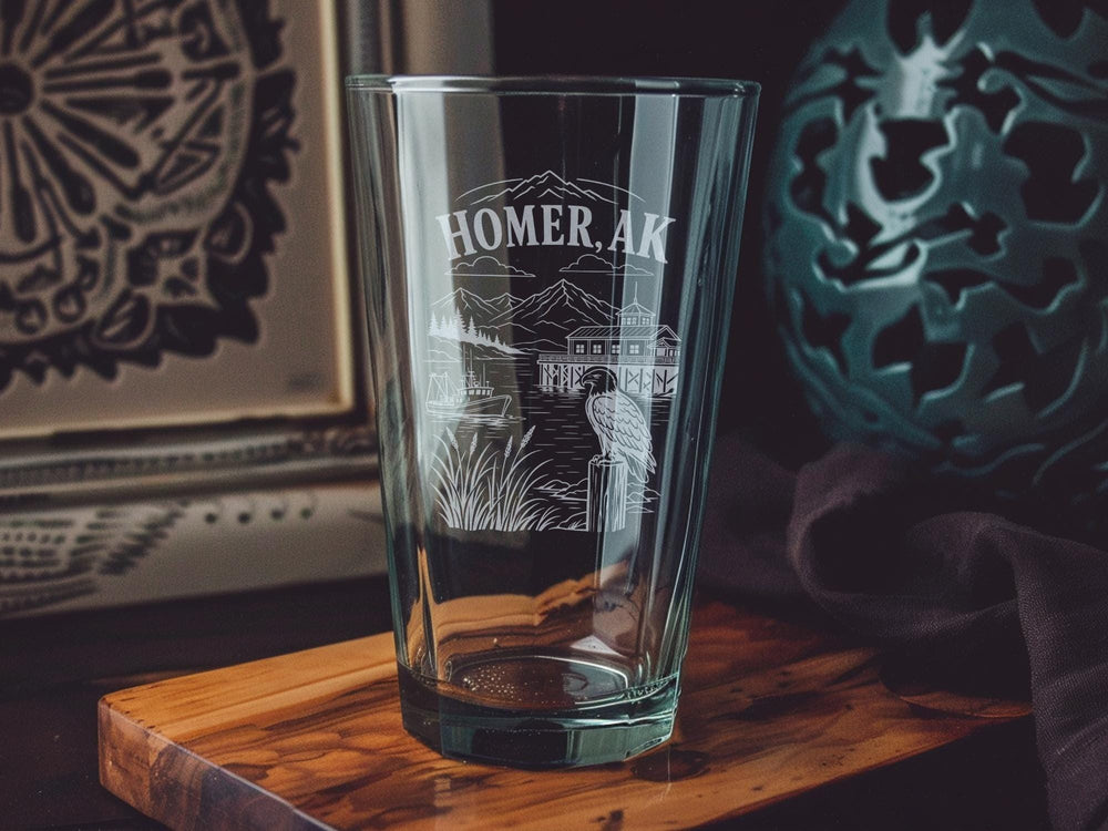 Homer Alaska Pint Glass, Homer AK Souvenir Beer Glass, Kachemak Bay Alaska Travel Gift, Alaska Coastal Town Drinkware