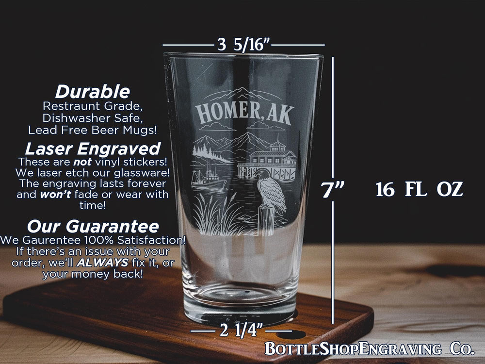Homer Alaska Pint Glass, Homer AK Souvenir Beer Glass, Kachemak Bay Alaska Travel Gift, Alaska Coastal Town Drinkware