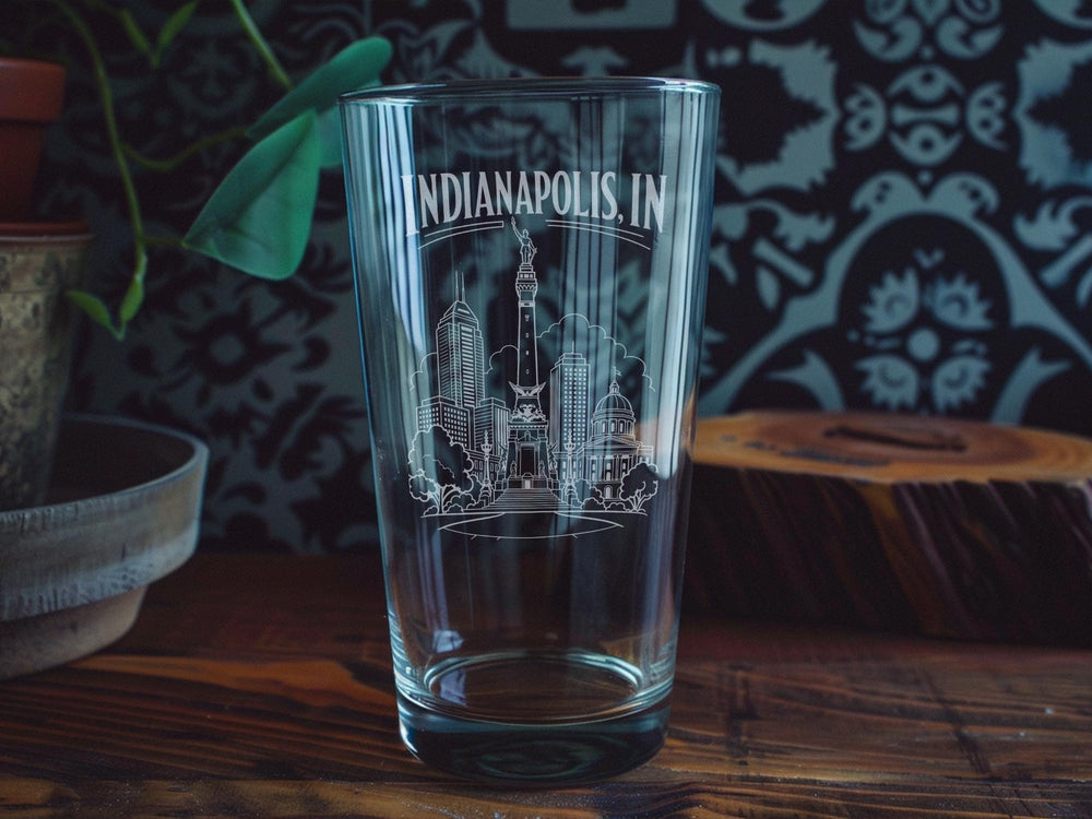 Indianapolis IN Pint Glass, Indianapolis Indiana Souvenir Beer Glass, Indy Skyline Landmark Drinkware, Indiana Gift for Him or Her