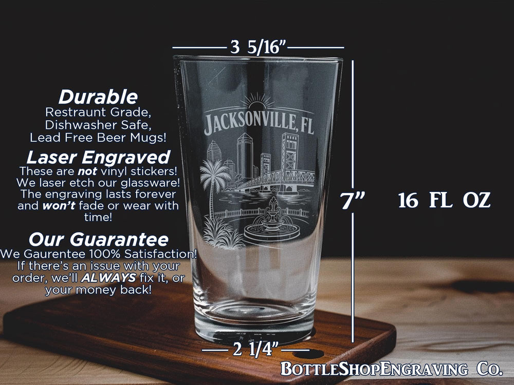 Jacksonville FL Pint Glass, Jacksonville Florida Souvenir Beer Glass, Duval County Travel Gift, Jacksonville Vacation Keepsake Glass