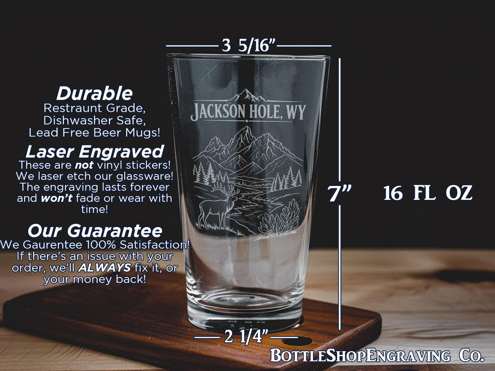 Jackson Hole WY Pint Glass, Wyoming Souvenir Beer Glass, Jackson Hole Travel Gift, Grand Teton National Park Drinkware