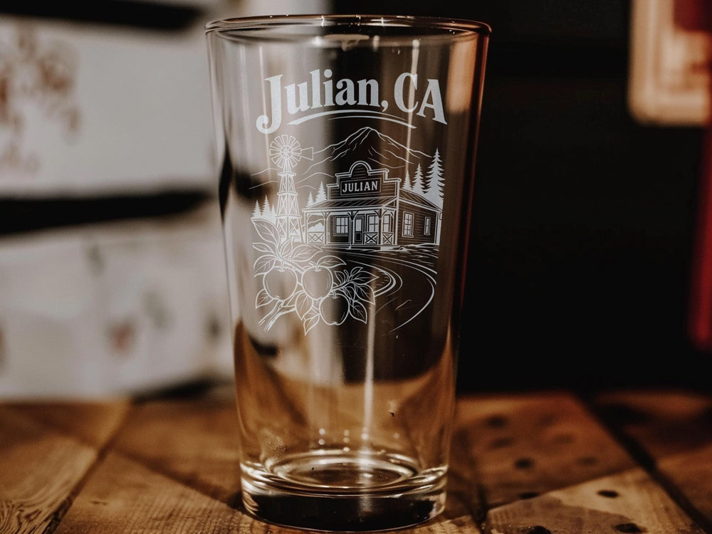 Julian CA Pint Glass, Julian California Souvenir Glass, Apple Orchard & Mountain Town Travel Gift, San Diego County Keepsake