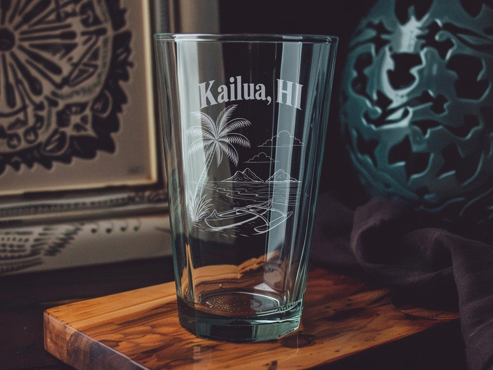 Kailua HI Pint Glass, Kailua Hawaii Souvenir Beer Glass, Tropical Island Vacation Gift, Oahu Hawaii Drinkware, Beach Town Bar Glass