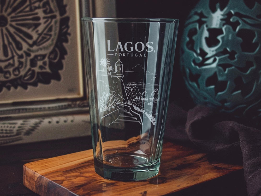 Lagos Portugal Pint Glass, Algarve Coastal Town Souvenir Beer Glass, Portugal Travel Gift, Lagos Beach Vacation Drinkware
