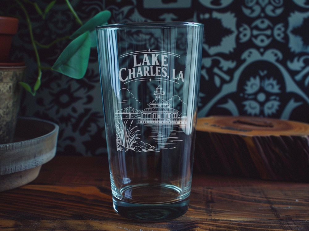 Lake Charles LA Pint Glass, Louisiana Souvenir Beer Glass, Lake Charles Travel Gift, Gulf Coast Barware, City Name Glassware