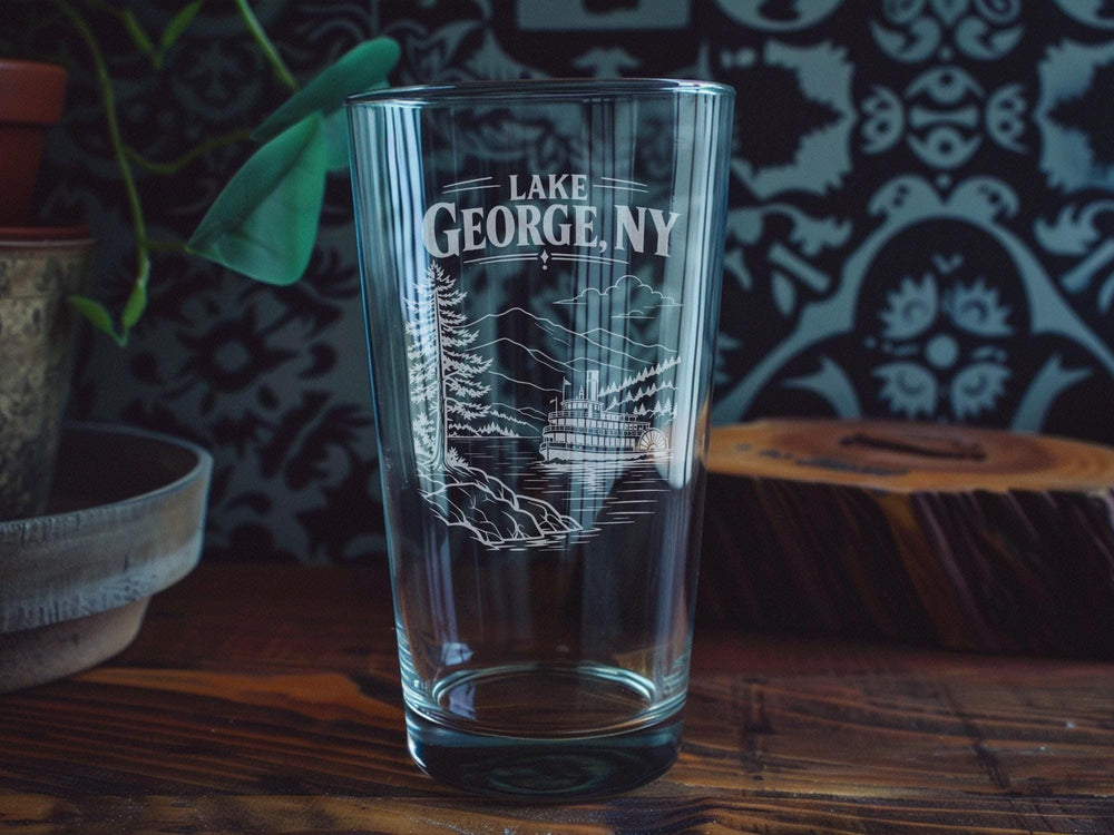 Lake George NY Pint Glass, Adirondack Lake Souvenir Glass, New York Vacation Drinkware, Lake George Gift, Upstate NY Keepsake